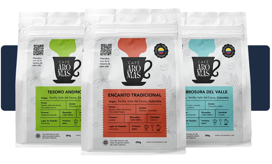 Three bags of Café Aromas single-origin Colombian coffee