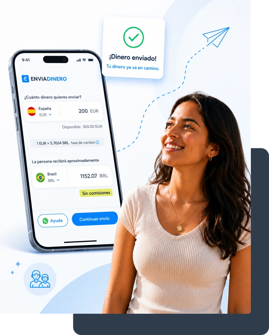 EnviaDinero app sending 200 EUR from Spain to Brazil, confirmed as sent